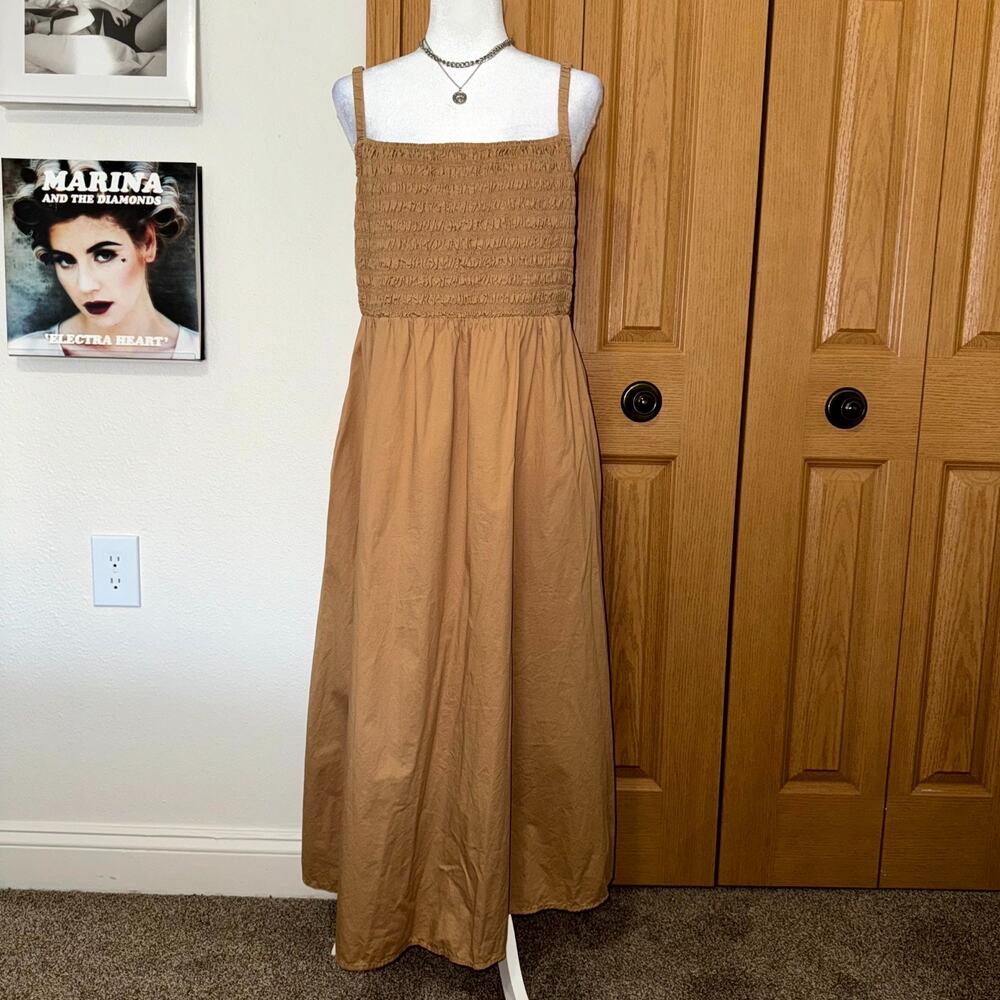 Old Navy Fit & Flare Smocked Midi Cami Dress Womens XL Birch Leaf Sleeveless
